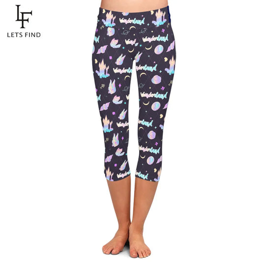 LETSFIND Summer Fashion Castle Print Women  Elastic Capri Leggings New High Waist Soft Silm Fitness Mid-Calf Leggings