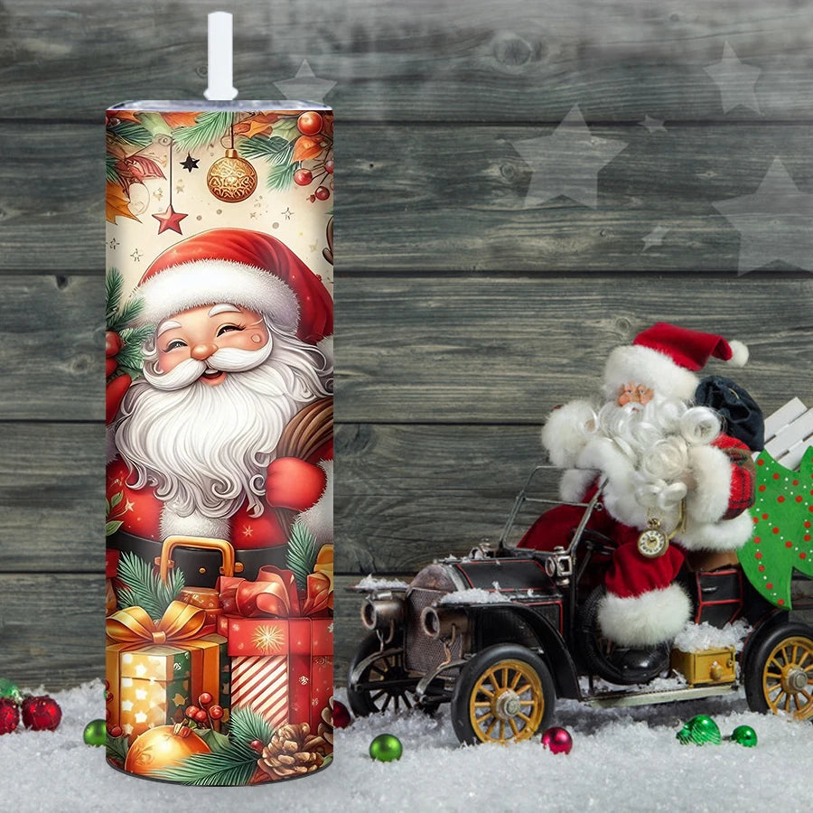 1Pc Merry Christmas Stainless Straight Tumblers Straw Lid 20oz 3D Print Xmas Party Style Insulated Mugs Holiday Winter Tumblers