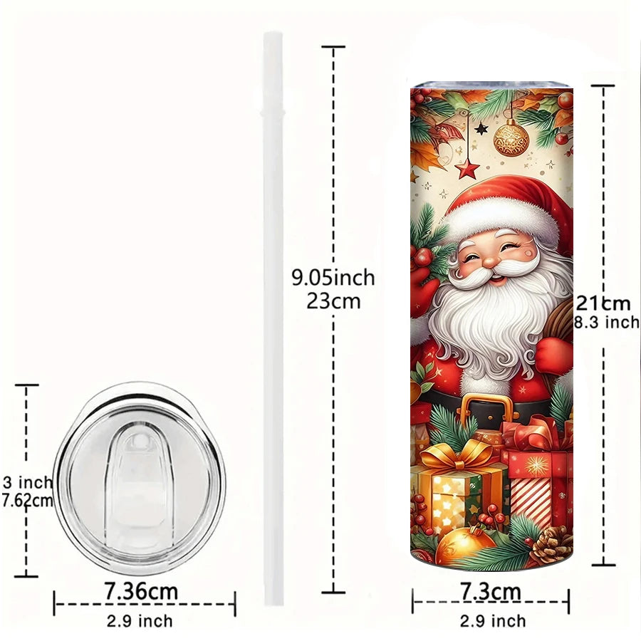 1Pc Merry Christmas Stainless Straight Tumblers Straw Lid 20oz 3D Print Xmas Party Style Insulated Mugs Holiday Winter Tumblers