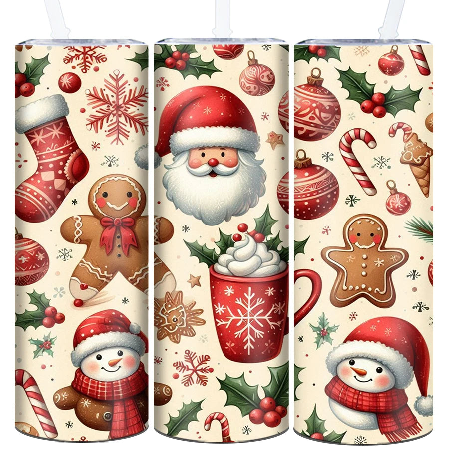 1Pc Merry Christmas Stainless Straight Tumblers Straw Lid 20oz 3D Print Xmas Party Style Insulated Mugs Holiday Winter Tumblers