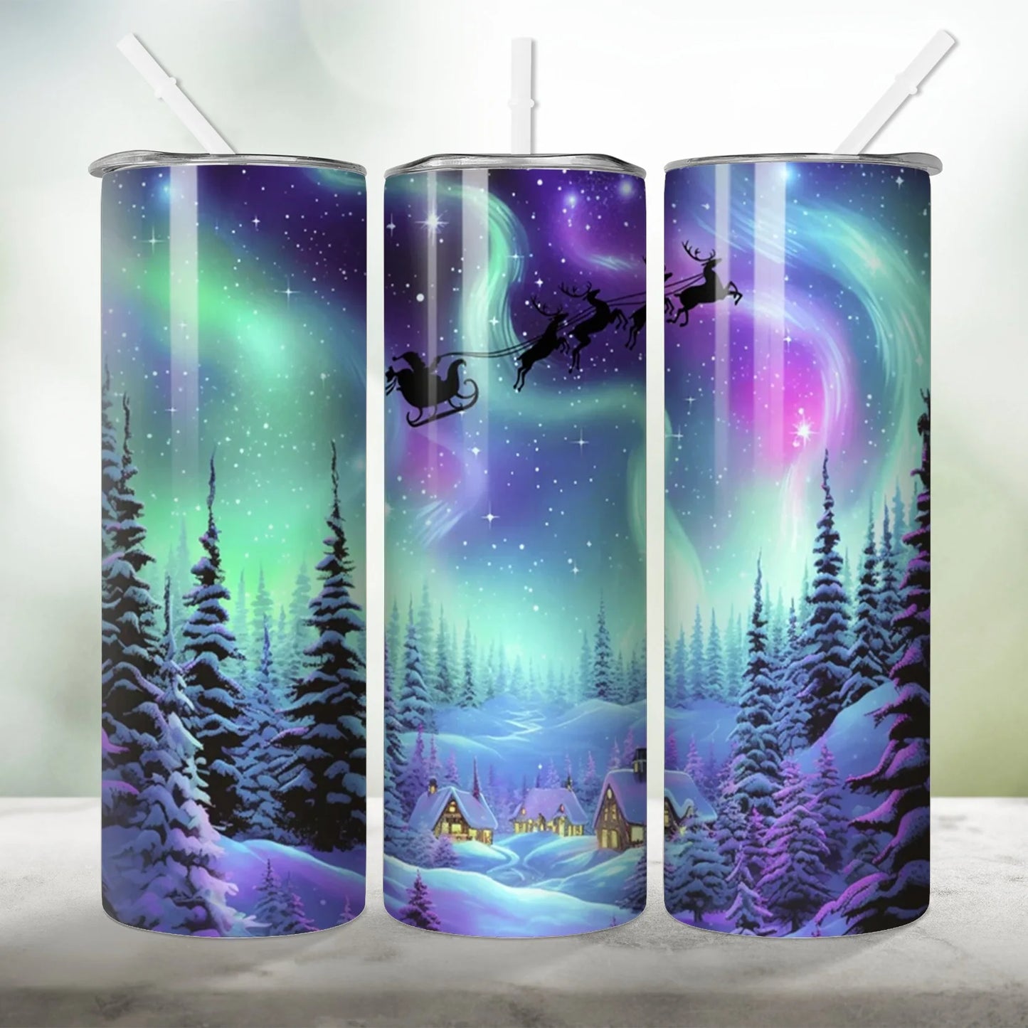 1pc Christmas Northern Lights Santa Reindeer 20oz Skinny Tumbler, Insulated Cup with Lid and Straw, Summer Winter Drinkware