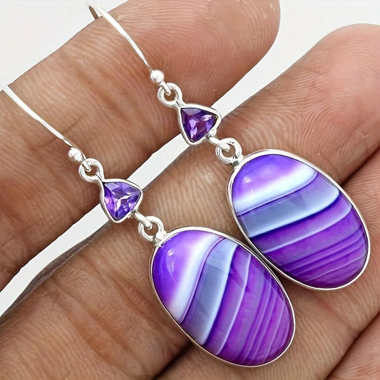 Oval Shape Purple Turquoise Decor Dangle Earrings Retro Bohemian Style Zinc Alloy Silver Plated Jewelry Female Gift