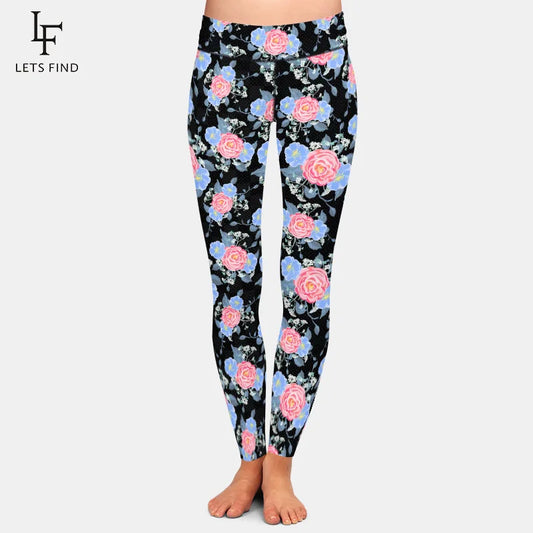 LETSFIND 2020 New 220gsm Double Side Brushed Soft Milk Silk Print Roses Women Pants High Waist Fitness Women Leggings