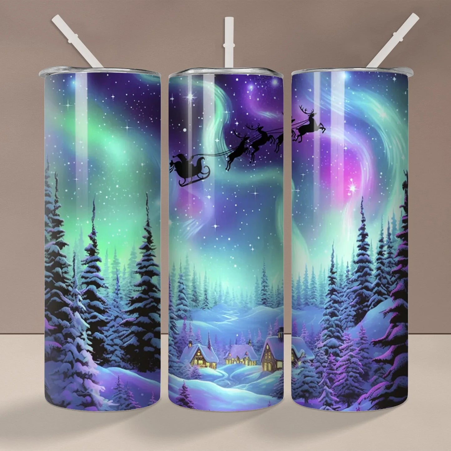 1pc Christmas Northern Lights Santa Reindeer 20oz Skinny Tumbler, Insulated Cup with Lid and Straw, Summer Winter Drinkware