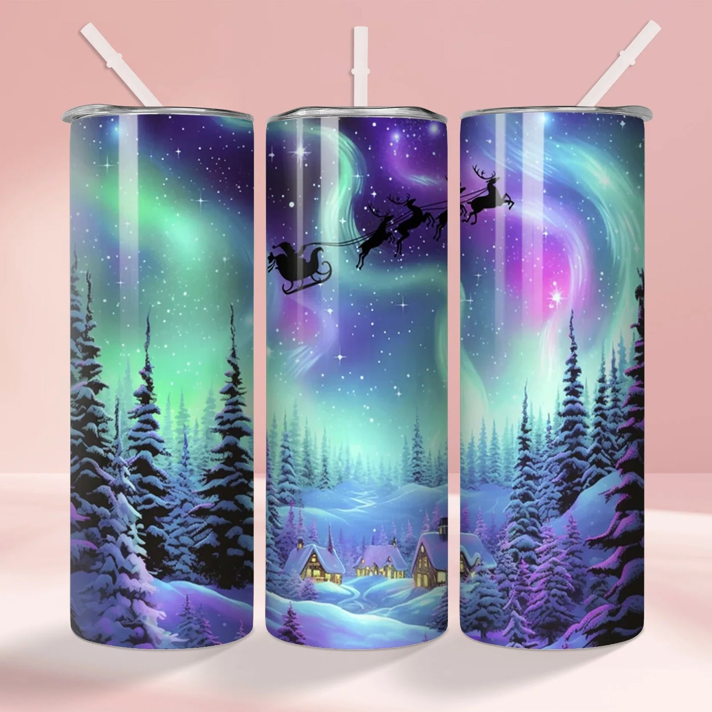 1pc Christmas Northern Lights Santa Reindeer 20oz Skinny Tumbler, Insulated Cup with Lid and Straw, Summer Winter Drinkware