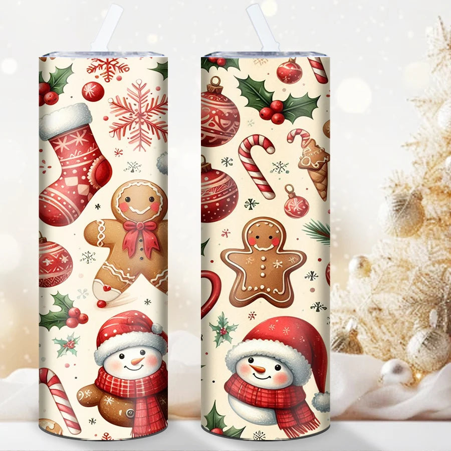 1Pc Merry Christmas Stainless Straight Tumblers Straw Lid 20oz 3D Print Xmas Party Style Insulated Mugs Holiday Winter Tumblers