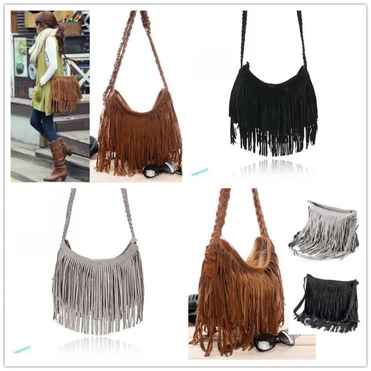 Fashion Women Shoulder bag Solid Tassels Trending Cross Body Bag Tassel Suede Faux fur Fringe Messenger Shoulder Handbag