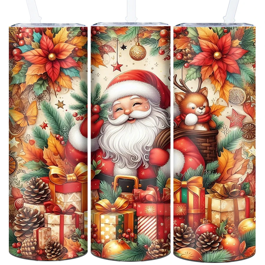 1Pc Merry Christmas Stainless Straight Tumblers Straw Lid 20oz 3D Print Xmas Party Style Insulated Mugs Holiday Winter Tumblers