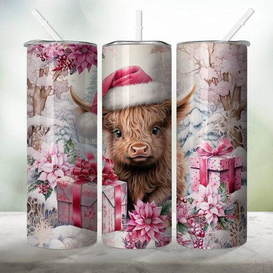 20oz Christmas Tumbler, Baby Highland Cow Insulated Cup with Lid and Straw, Summer Winter Drinkware, Outdoor Travel Accessories