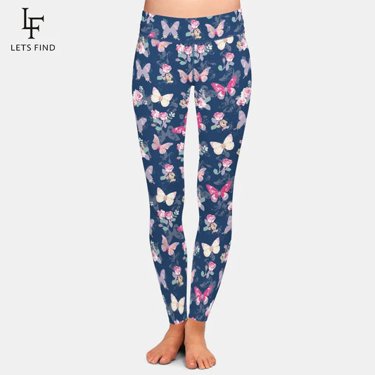 LETSFIND Super Soft Milk Silk Print Rose with Butterfly Pattern High Waist Leggings High Quaility Fitness  Leggings