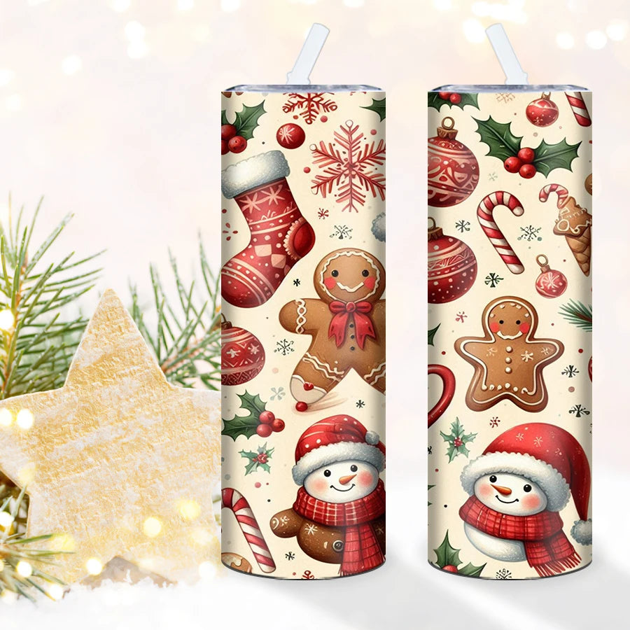 1Pc Merry Christmas Stainless Straight Tumblers Straw Lid 20oz 3D Print Xmas Party Style Insulated Mugs Holiday Winter Tumblers