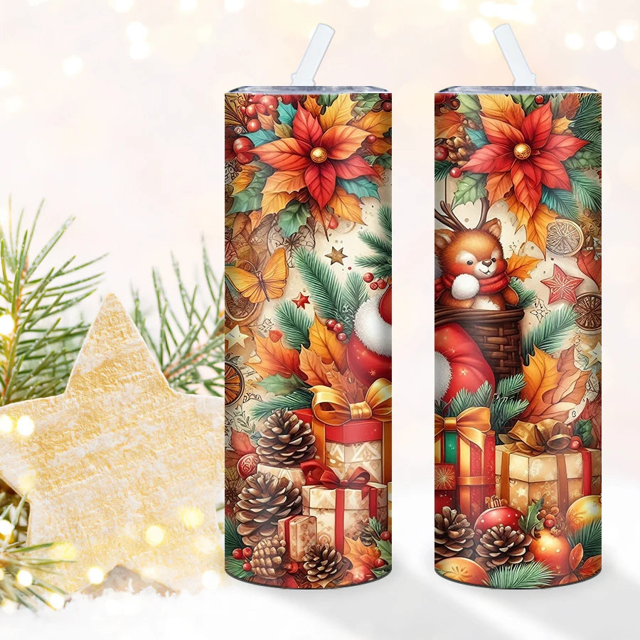 1Pc Merry Christmas Stainless Straight Tumblers Straw Lid 20oz 3D Print Xmas Party Style Insulated Mugs Holiday Winter Tumblers